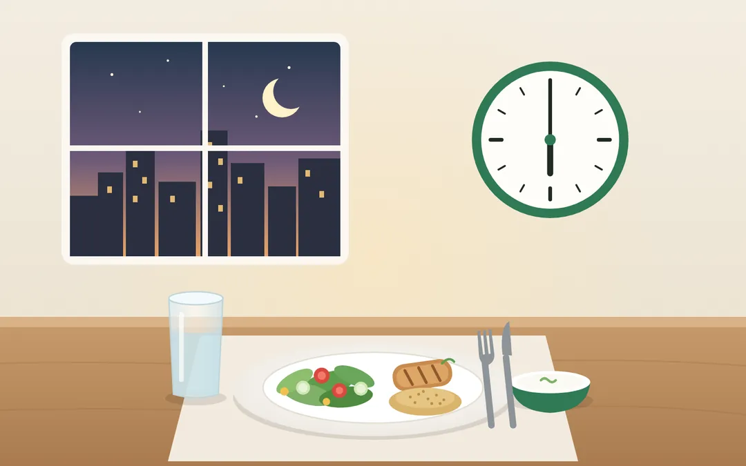 Akşam saatinde pencere, 18.00'i gösteren duvar saati ve salata, ızgara tavuk, bulgur pilavı ile yoğurttan oluşan dengeli bir akşam tabağı çizimi